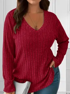 【Plus Size】 Solid Color V Neck Ribbed Sweater Knitwear, Casual Long Sleeve T-shirt for Fall & Winter, Women's Clothing for Daily Wear