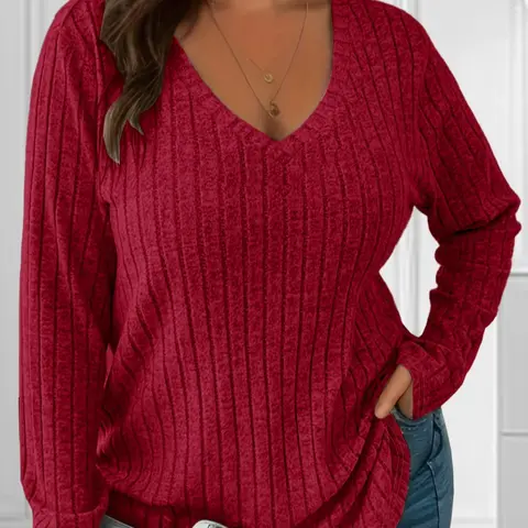 【Plus Size】 Solid Color V Neck Ribbed Sweater Knitwear, Basic Pullover, Casual Long Sleeve T-shirt for Fall & Winter, Women's Clothing for Daily Wear