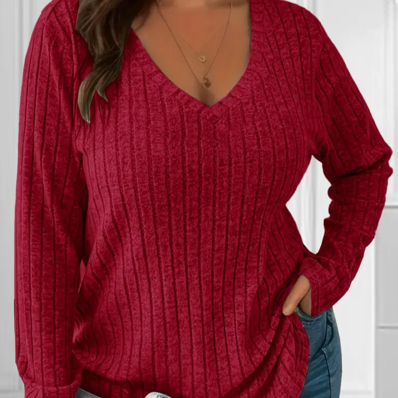 【Plus Size】 Solid Color V Neck Ribbed Sweater Knitwear, Basic Pullover, Casual Long Sleeve T-shirt for Fall & Winter, Women's Clothing for Daily Wear