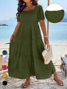 【Plus Size】Textured Ruched Puff Sleeve Square Neck A Line Elegant Casual Dress, Comfortable Soft Breathable Boho Short Sleeve Dress for Summer, Women's Clothes for Daily Wear
