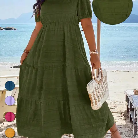 Plus Size Textured Woven Ruched Puff Sleeve Square Neck A-Line Dress, Comfortable Fit Breathable Soft Boho Casual Short Sleeve Dress for Summer, Beach Resort Wear, Women's Clothes for Daily Wear