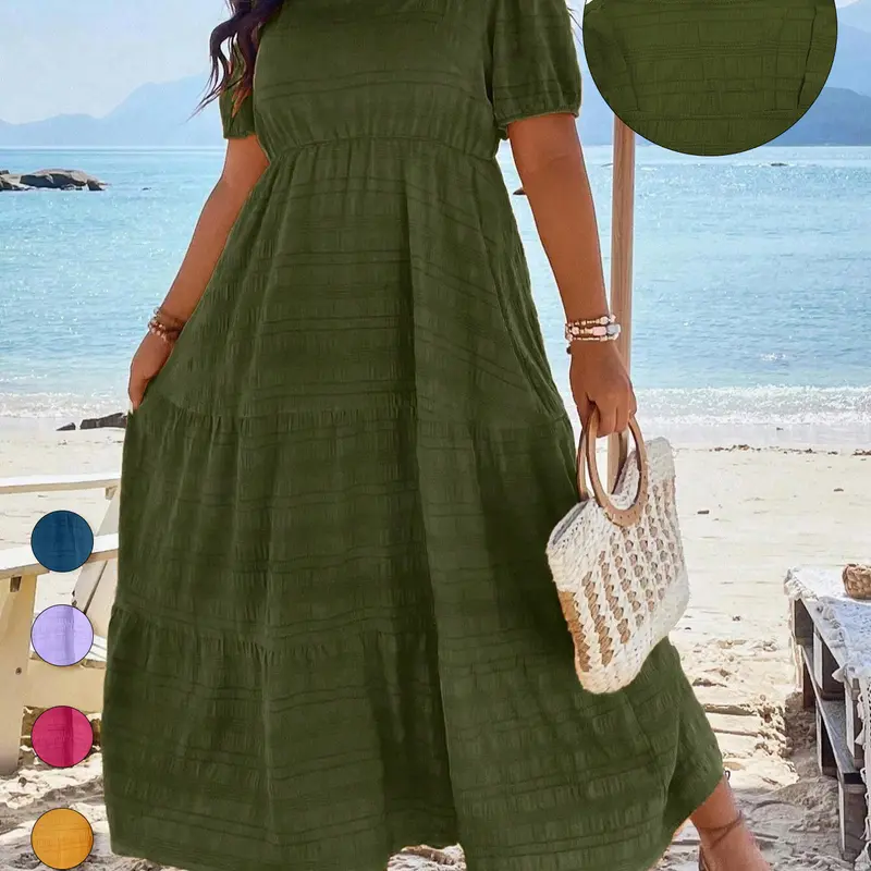 Plus Size Textured Woven Ruched Puff Sleeve Square Neck A-Line Dress, Comfortable Fit Breathable Soft Boho Casual Short Sleeve Dress for Summer, Beach Resort Wear, Women's Clothes for Daily Wear