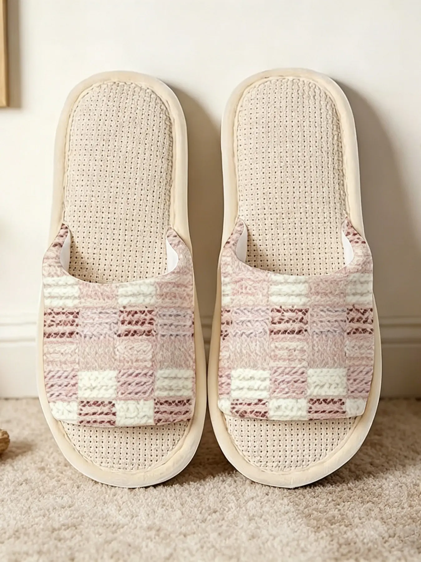 Korean Style Knit Plaid Home Slippers, Linen Breathable Insole, Soft Elastic Thick Sole, Women's Comfortable Casual Sandals