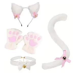 4 PCS Cute Cat Cosplay Set Plush Cat Ears Headband Tail Paw Gloves Furry Costume Kit for Halloween Party