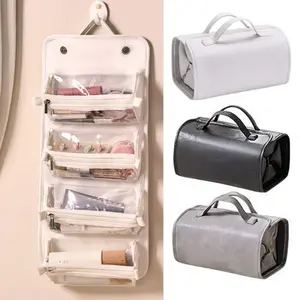 Foldable Leather Travel Cosmetic Bag Large Capacity Portable Women Makeup Case Waterproof Toiletry Makeup Organizer Storage Bag