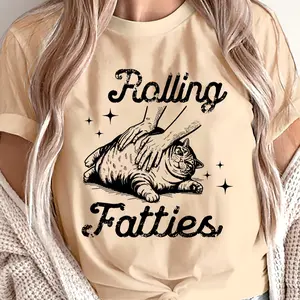 Women's Abstract Chubby Cat Graphic Cotton T-Shirt, Cute Minimalist Slogan Casual Outfit, Comfort Oversized Crew Neck Tee, Perfect Valentine's Day Gift For Her