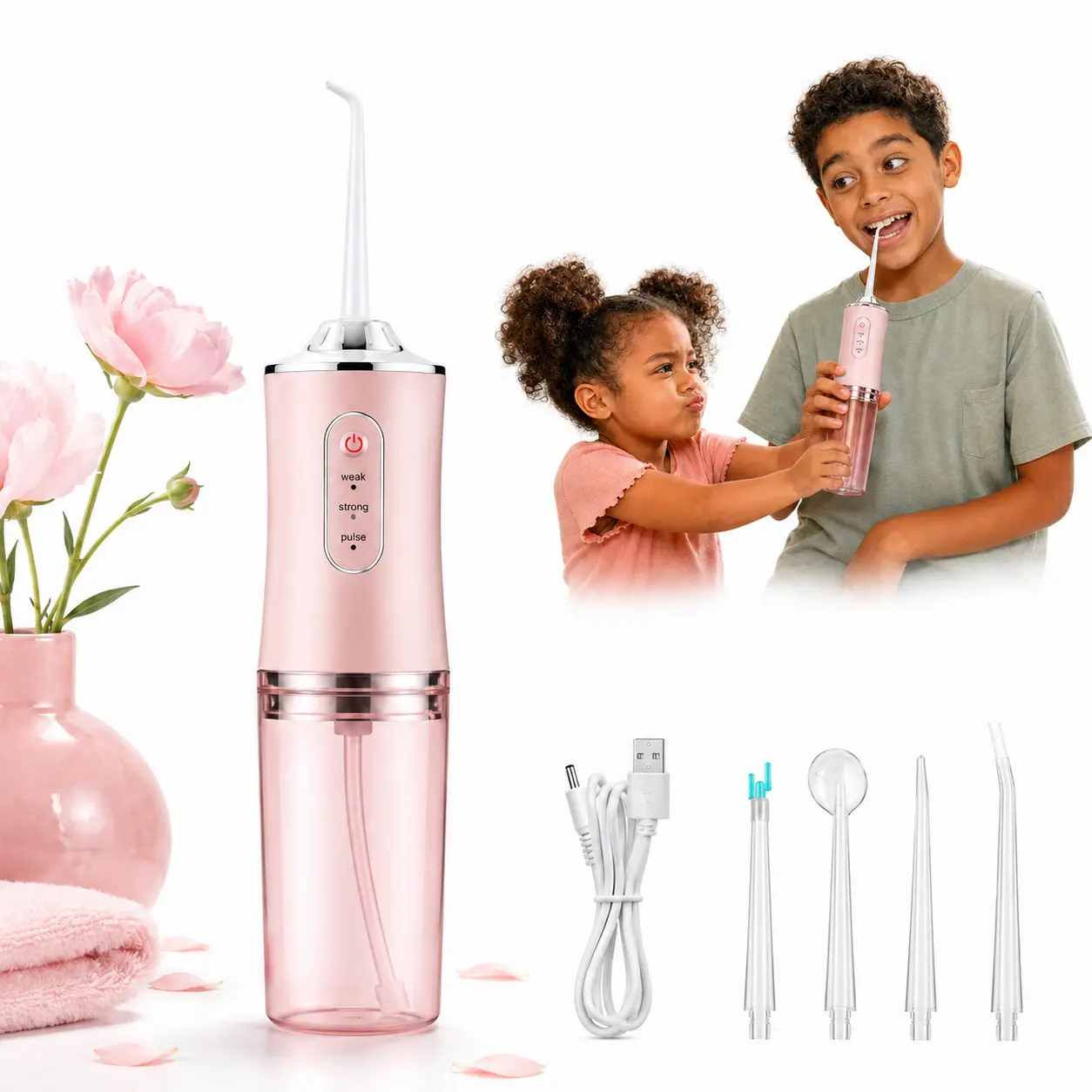 Family Cordless Water Flosser, 3 Gentle Modes, 4 Tips, 230mL Tank, IPX7 Waterproof Portable Oral Irrigator for Braces & Daily Cleaning