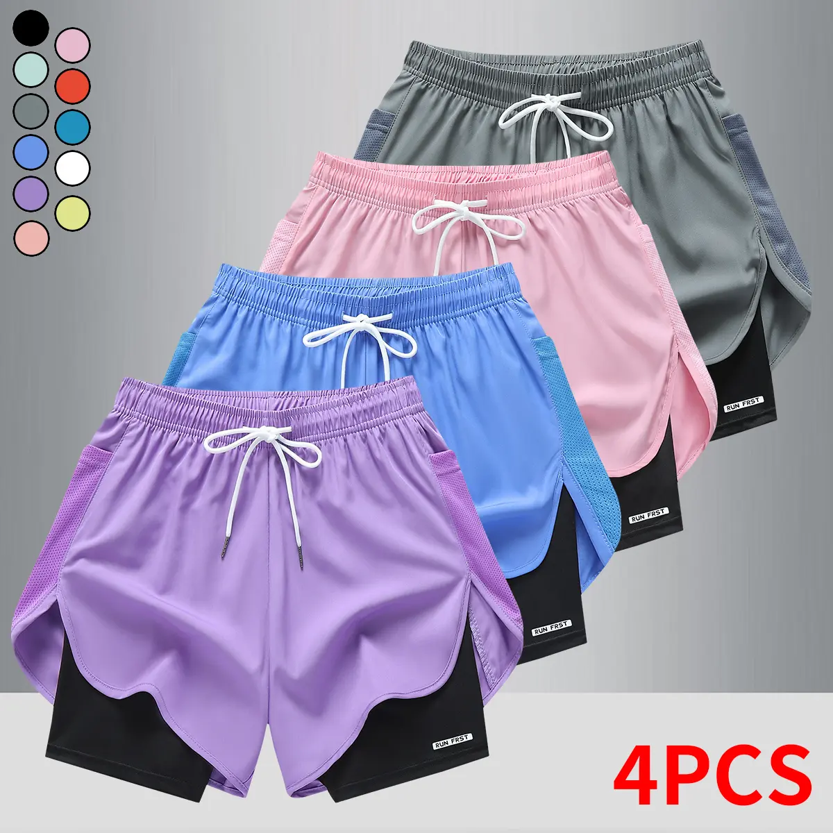 Female 4-Pack Sporty Chic Athletic Shorts for Women - Lightweight, Quick-Dry Double-Layer Polyester Blend - Elastic Waistband with Drawstring - Universal for Fitness, Casual Wear - S, XXS Sizes, Athletic Performance