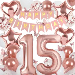 Rose Gold 15th Birthday Decorations for Girl, 15 Year Old Sign with Happy Birthday Banner, 40In Number 15 Foil Birthday Balloons, Butterfly Decorations, Heart and Star Balloons