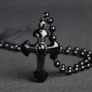 Classic Obsidian Cross Pendant Necklace Men Women Fashion Casual Lucky Amulet Fashion Gift