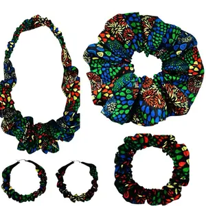 Handmade DeNob 4-in-1 Ankara Set | XXL Scrunchie, Ruffled Headband, Earrings & Mini Scrunchies color 2