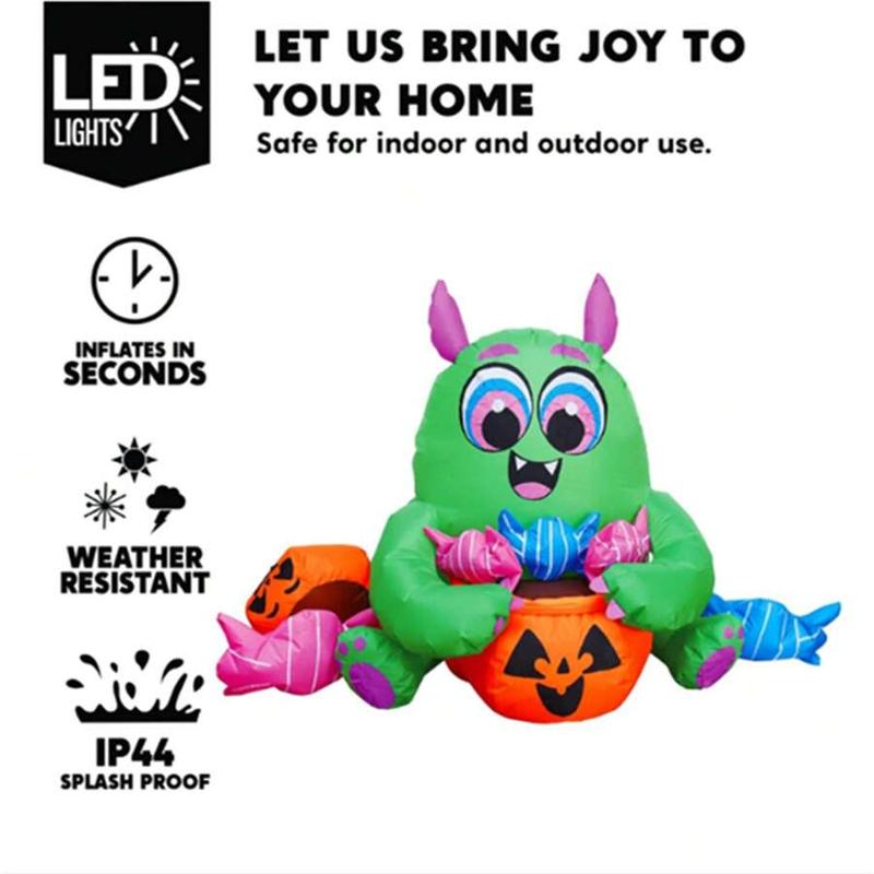 5 Feet Long Halloween Inflatable Monster Candy with Pumpkin Yard Decoration Built-in LED Lights Toy Suitable for Party Indoor, Outdoor, Yard, Garden, Lawn bats decor Witch Cauldron Aromatherapy Santa Claus Tree Costume decoradoras de eventos spider web