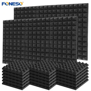 12-96 Pack Acoustic Foam Panels Set, 12x12x2 Inches Super Soundproof Pyramid Foam, High Density Fire Resistant Sound Proof Panels Black/Gray, Studio Foam for Wall Ceiling, Home Studio & Office Acoustic Treatment