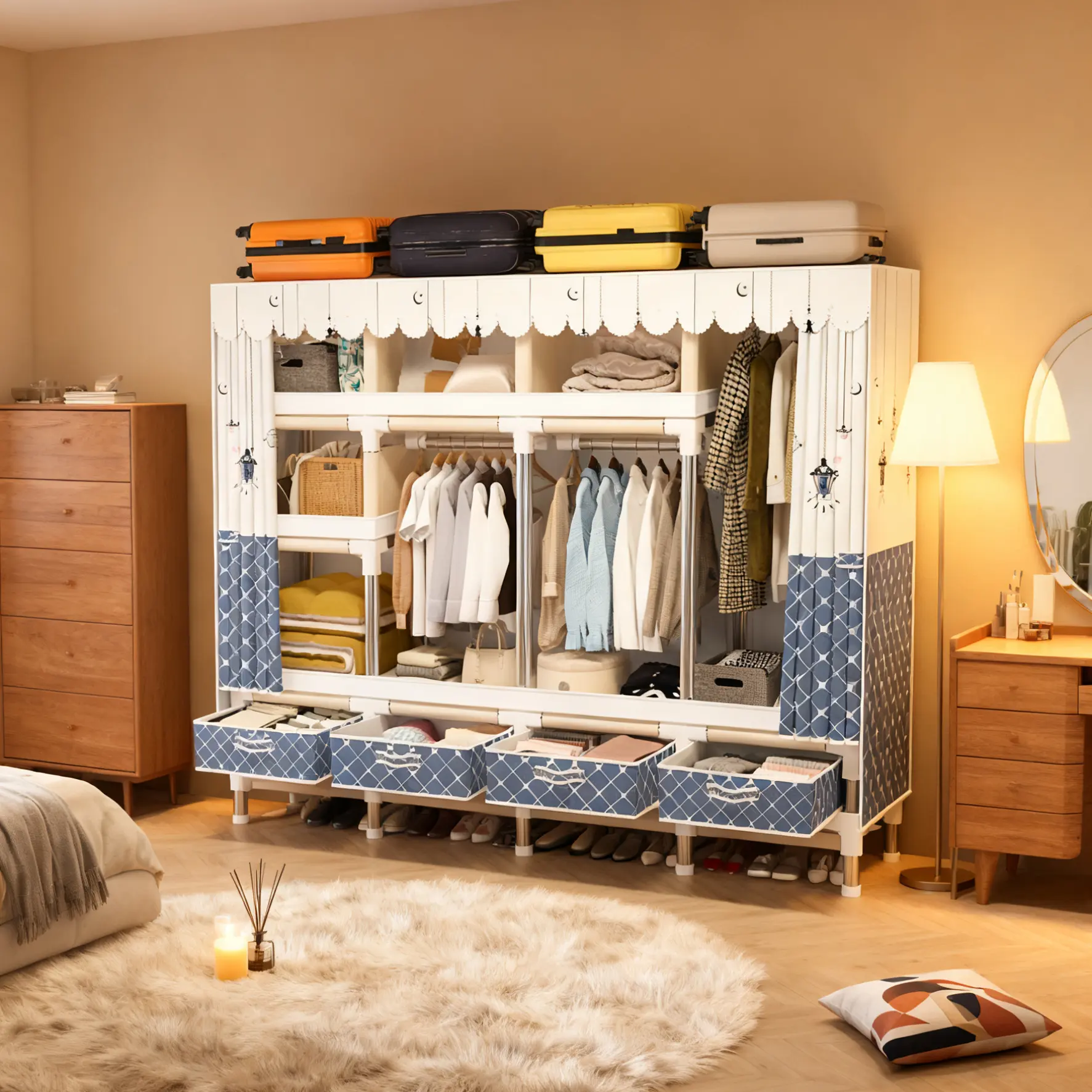 1pc large  Portable Wardrobe  Freestanding Closet Hanging Organization, Metal Frame with Multicolor Fabric Cover, 4 Storage Compartments, 3 Hanging Rods, 4 Drawers，Suitable for apartments and student dormitories, easy to move