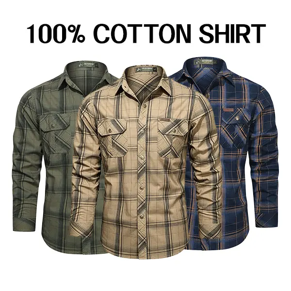 Men’s 100% Pure Cotton Plaid Classic Long-Sleeve Utility Workwear Shirt with 2 Chest Pockets, Casual Outdoors Top, Cargo Pants Compatible Pairing Option