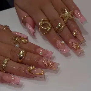 24pcs Medium Square French Gel Nails, Floral Alloy 3D Beads, Pearl Decor, Flower Design Nails, Sweet European Style, Easy Wear Acrylic False Nails Set, Fake Nails Set, Nail Art Diy