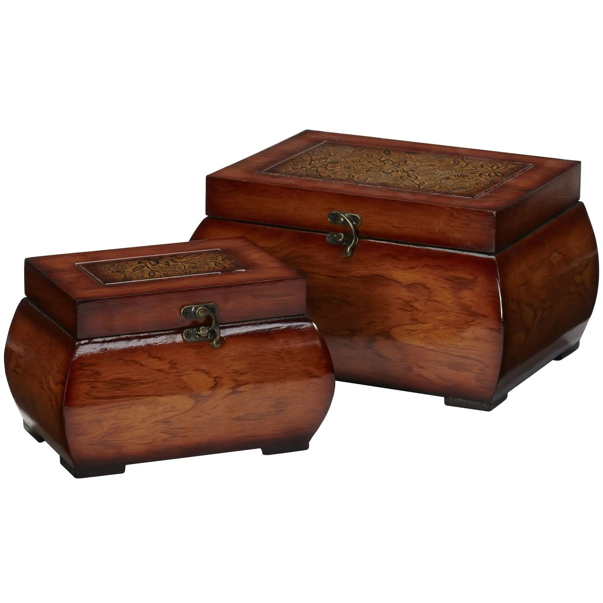 2-Piece Floral Shiny Vintage Lacquered Wood Storage Boxes, Decorative Organiser Chests for Home Supplies & Room Accessories