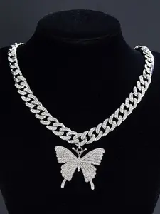 Butterfly Design Pendant Necklace for Gift, Rhinestone Decor Cuban Chunky Chain Necklace, Hip Hop Punk Jewelry Accessory for Women & Men
