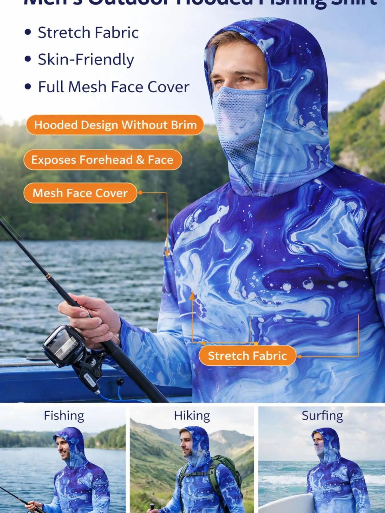 Men's Long Sleeve Fishing Shirt with Face Mask, Hooded Sun Protection Outdoor Fishing Clothing, Gradient Color, Sport Outdoor Clothing, Outdoor Tops, Outdoor Wear