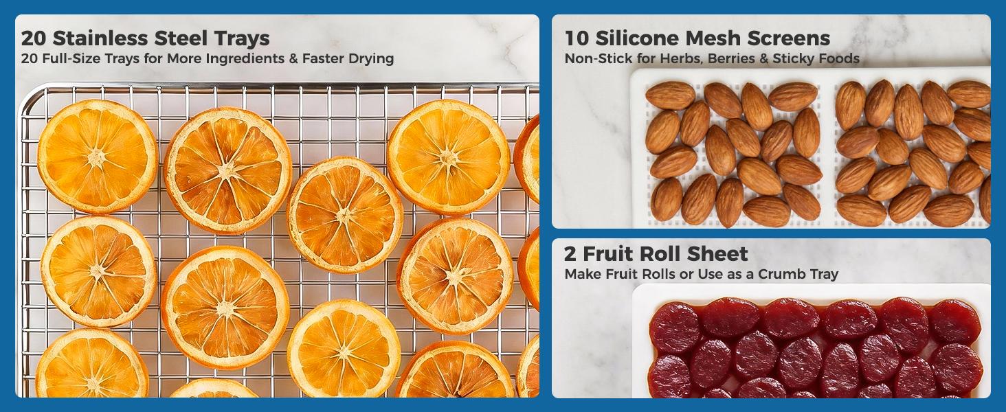 OSTBA Dual Zone Stainless Steel Dehydrator, 20 Stainless Steel Trays, 1300W Dual Layer, 180℉ Adjustable Temp, 48H Digital Timer, 10 Auto Presets, 10 Mesh Sheets, 1300W, for Jerky, Fruit, Home Use, Digital Control, Meal Prep & Batch Cooking