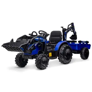 GARVEE 3-in-1 Ride-On Tractor, 24V Electric, Excavator & Bulldozer, Remote Control, LED, Music, USB/Bluetooth max 66 lbs - Bright-blue