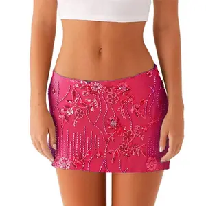 Women’s sequined short skirt with beaded flower, low-waist mini bodycon skirt, fashionable summer streetwear, women’s bottoms, ball gown, party dress, polyester basic minimalist, multicolor