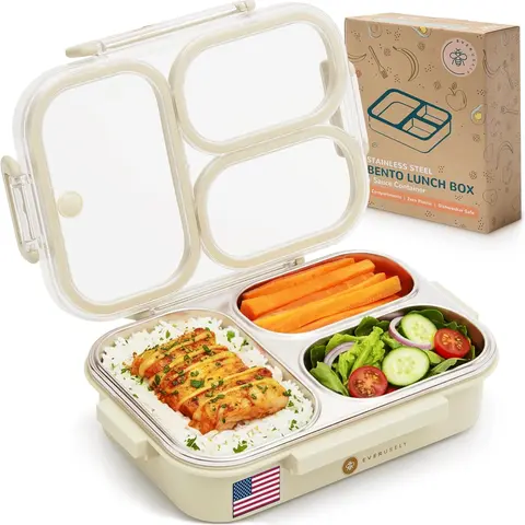 Everusely Stainless Steel High Capacity Lunch Box - 25 oz(750ml) 3-Part Separation 3-Compartment Office Container, Silicone-Sealed Locking Leak-Proof Lid, BPA-Free Dishwasher-Safe for Adults (200ml Reference)