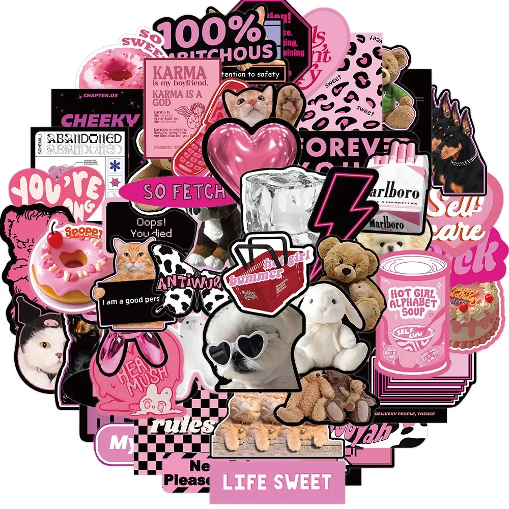 55PCS Euramerican Black Pink English Graffiti Stickers For Luggage Phone Case Laptop Notebook Decals Kids Gift