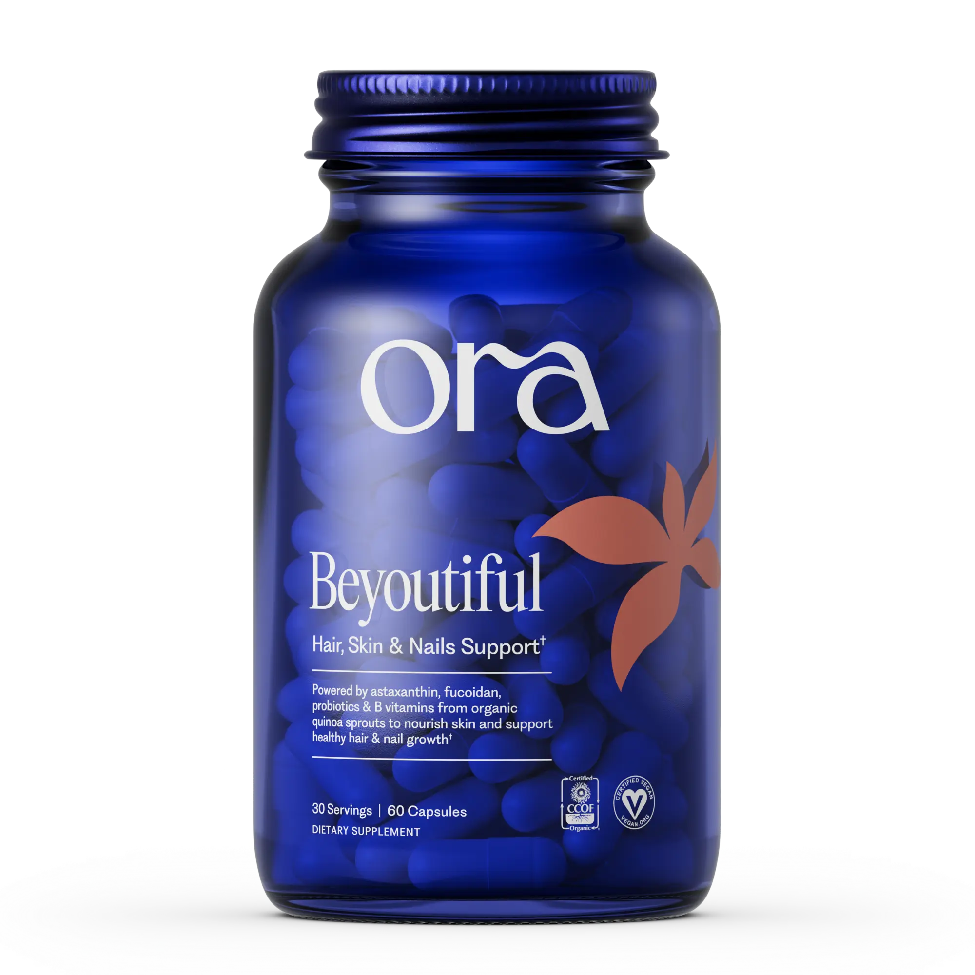 Ora Organic Hair, Skin, and Nails Support- Beyoutiful - Beauty Supplement with B Vitamins and Algae Extracts for Healthy Hair and Skin - 60 Vegan Capsules