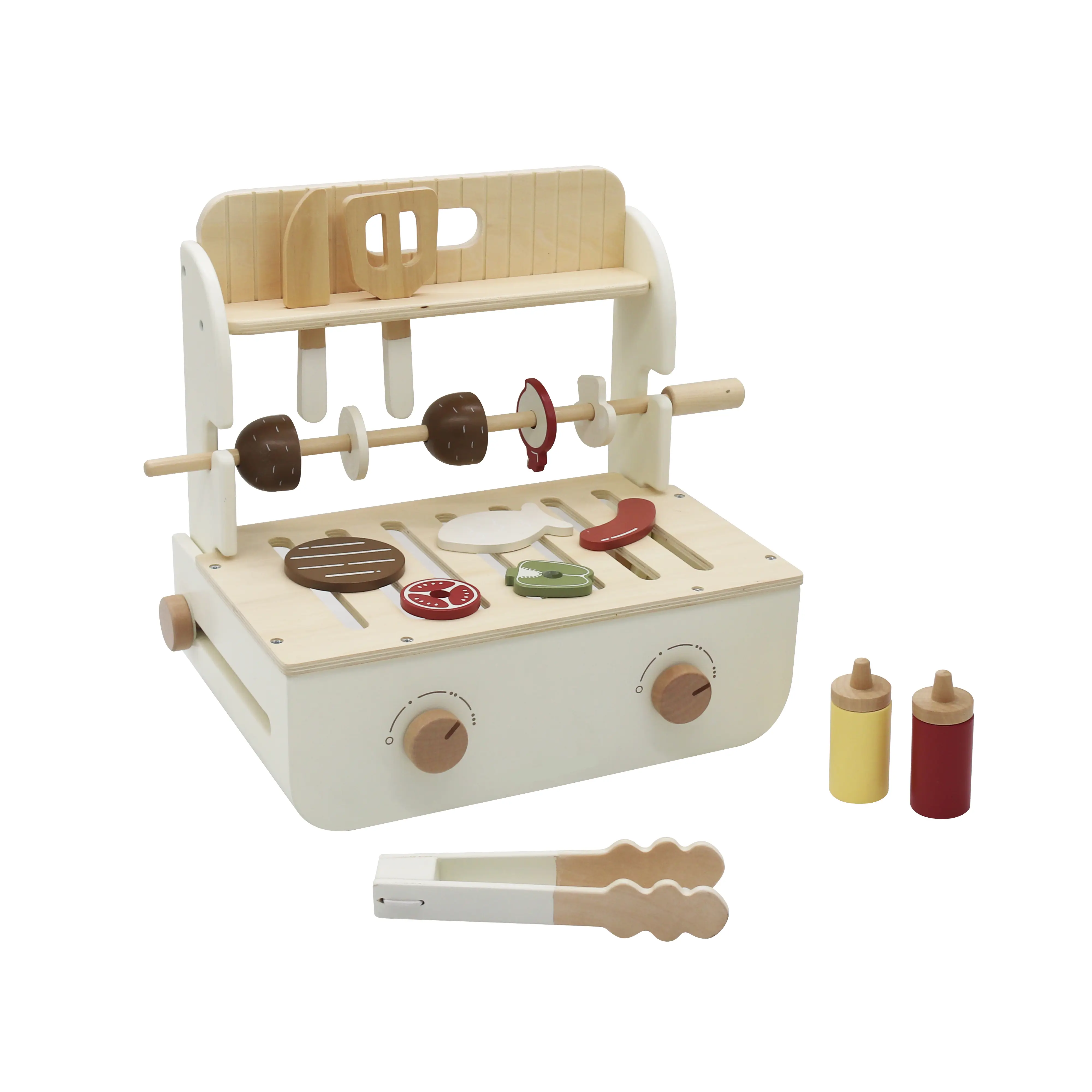 Wooden BBQ Grill Playset for Kids, Pretend Barbecue Toy Set with Skewers, BBQ Accessories, Tongs, Spatula & Condiments, Montessori Role Play Toy for Boys & Girls Age 3+