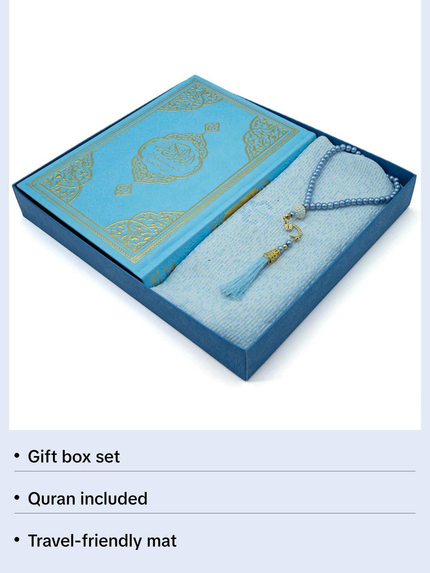 Prayer Rug Gift Box Set - With Quran & Prayer Beads Blue