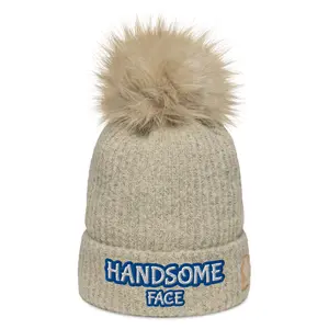 "Handsome Face" Pom-Pom Beanie - Unisex Winter Essential with Thick Ribbed Knit & Plush Faux Fur Pom-Pom for Warmth & Style