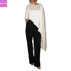 Women Satin Asymmetrical Hem Poncho Solid Color Round Neck Loose Shawl Wraps Cape Tops