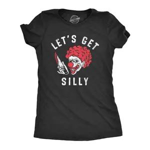 Womens Lets Get Silly T Shirt Funny Halloween Creepy Killer Clown Joke Tee for Ladies Funny Womens T Shirts Cute Vintage Fashion Casual Ladies T-Shirt Gift Halloween Tops for Women Women's Novelty Tees Black -