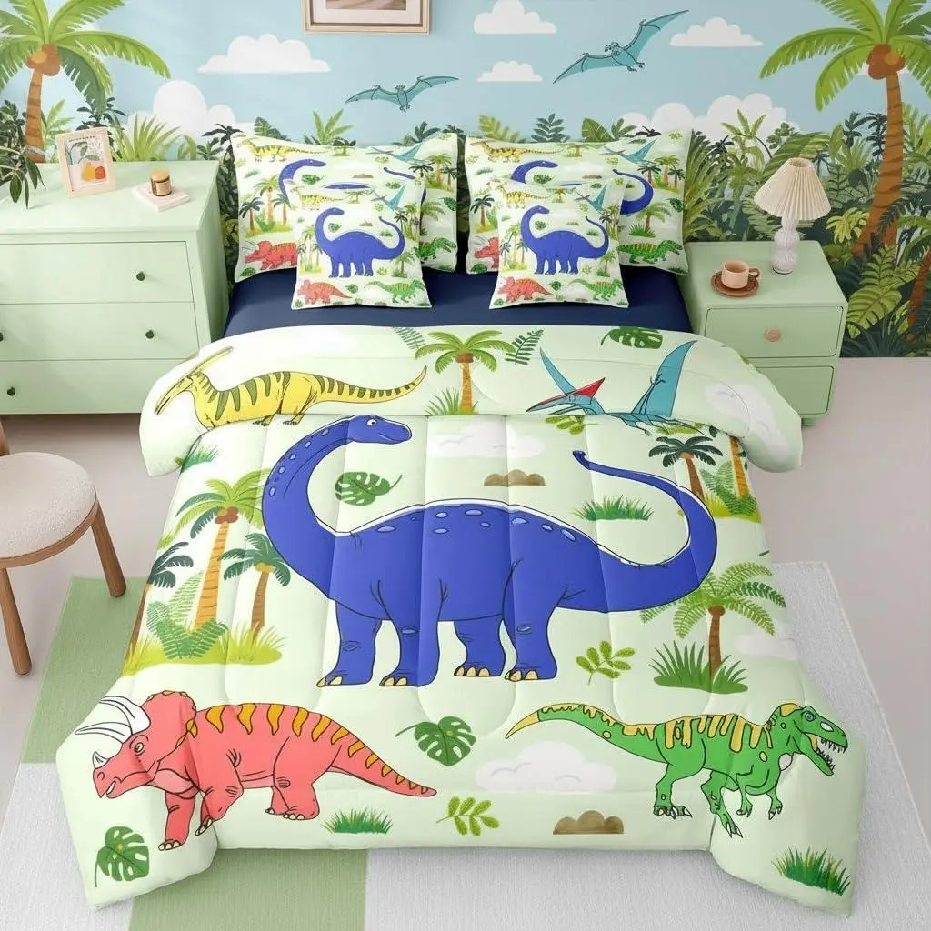 Dinosaur 7 Piece Bedding Set Kawaii Blue Green Dinos Comforter Set Catoon Jungle Animals Comforter Dinosaur Wildlife Palm Tree Bed in A Bag with Sheets