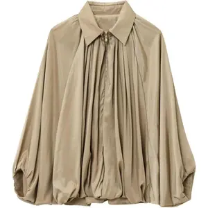 Women's Puffed Bomber Jacket Oversized Streetwear Casual Batwing Sleeve Lapel Collar Zip Front Pleated Shirts
