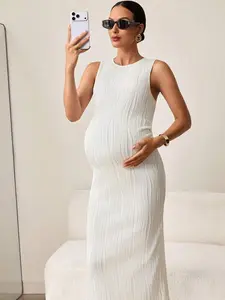 ALLITA White Textured High Elasticity Slim Fitting Elegant Maternity Dress Old Money Style Work Commuting Baby Shower Outfit