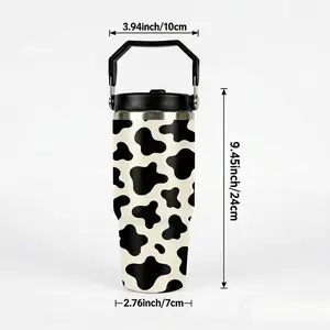 1pc 30oz Cow Print Tumbler with Handle and Straw, Black and White Stainless Steel Travel Mug, Double Wall Vacuum Insulated Cup, Leakproof Reusable Coffee Cup, Drinkware, Keeps Cold 12H & Hot 6H, Gift for Women, Men, Office, School, Outdoo,Mother's Day