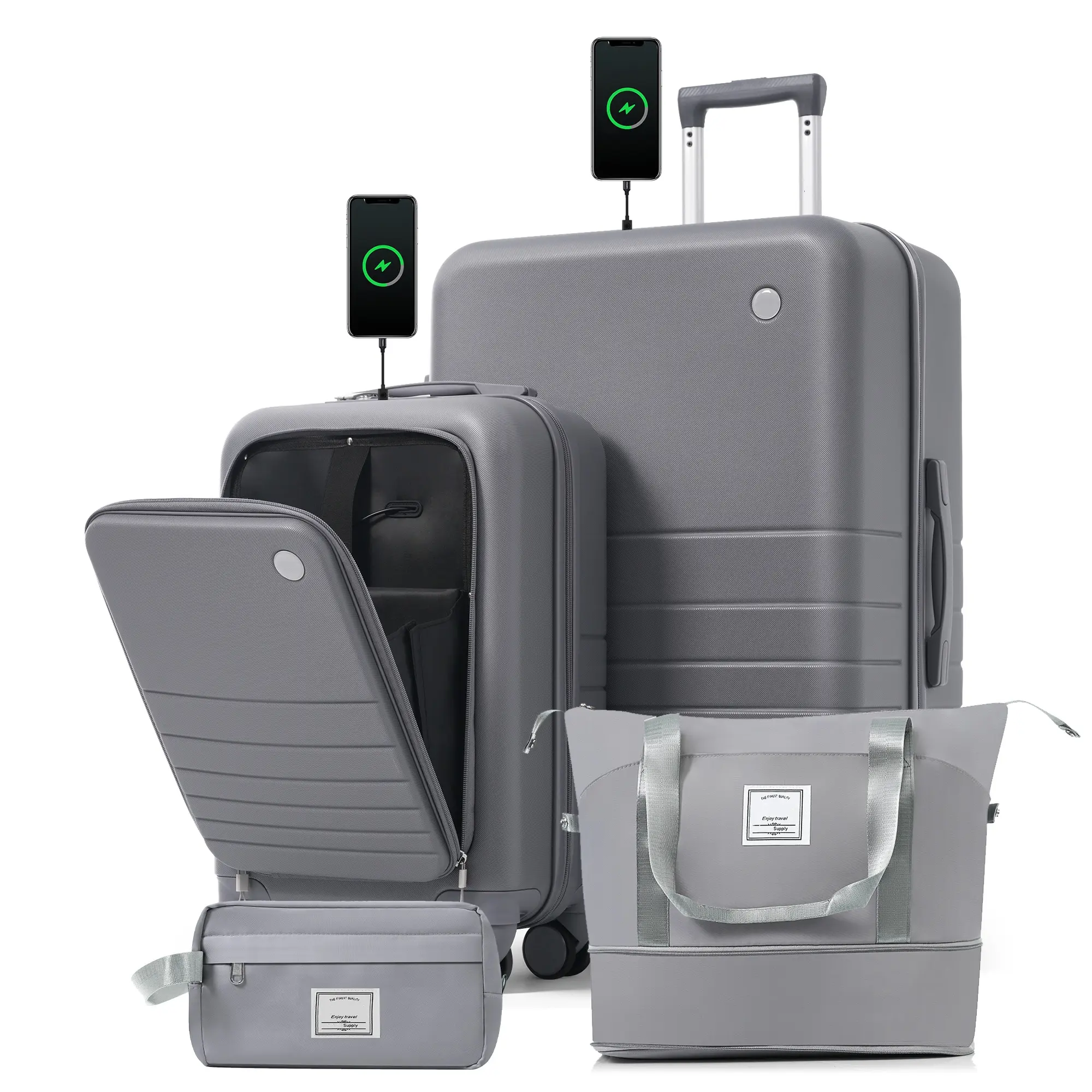 Travel Luggage Set with USB Charging, 20in Carry-On with Front Laptop Access, 28in Checked Suitcase, Duffel, and Wet-Dry Toiletry Bag, Grey ABS Hardshell
