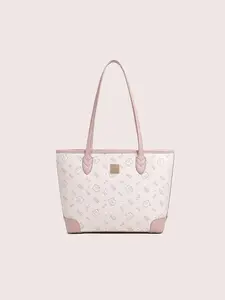 Cow&Kitty Cute Pink Kawaii Large Capacity Tote Bag for Women, PU Leather Kitty Print Shoulder Handbag, Aesthetic Work Tote Fits iPad and Daily Essentials, Lightweight Shopping Bag for School, Office, Travel, Weekend Trips, Casual Outfits, Gift for Girls