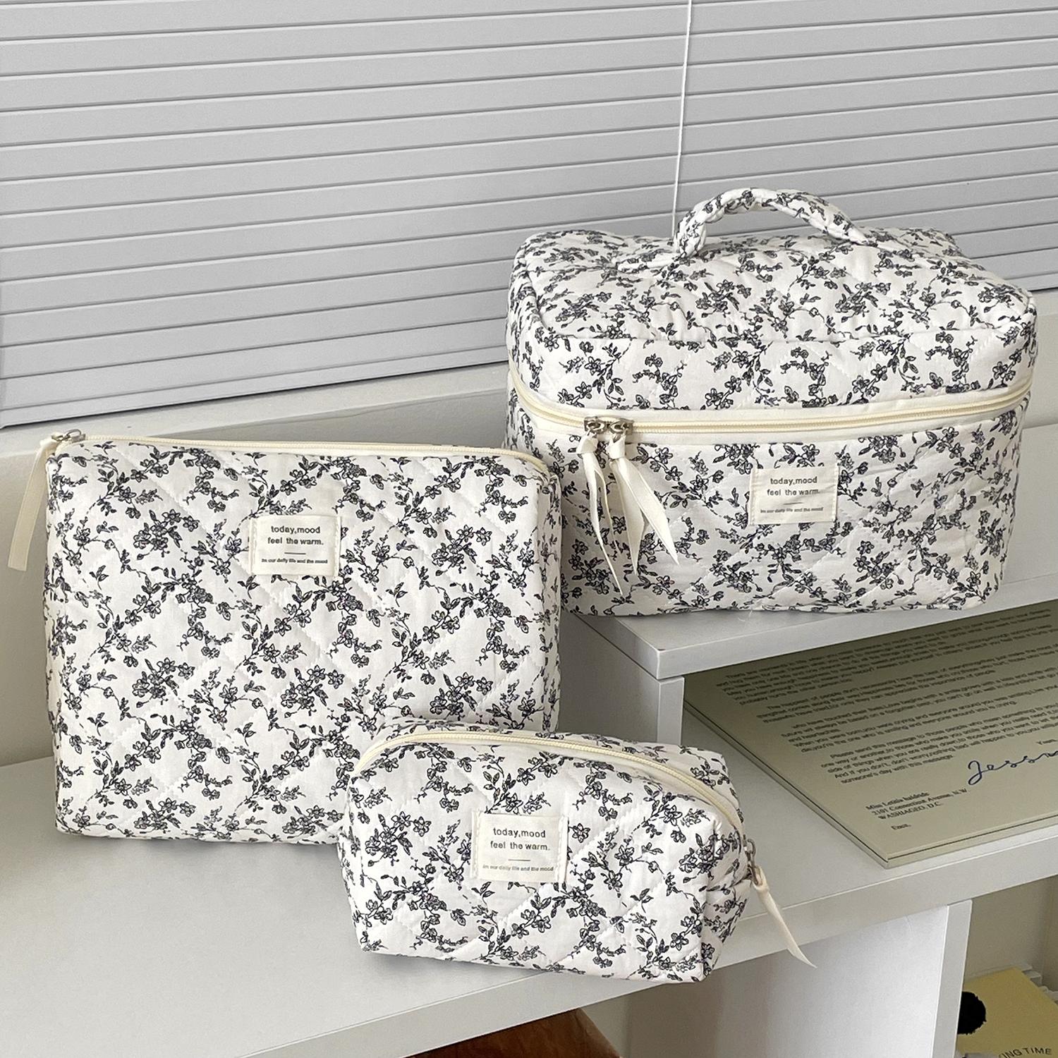 Retro black floral patchwork makeup bag set, 4 pieces — girly coquette travel storage bags