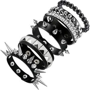 5 Pcs Spiked Bracelets Black Studded Cuff Punk Jewelry, Adjustable Gothic Emo Alt Spike Bracelets Set Leather Punk Accessories for Men Women