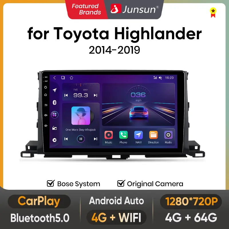 Junsun 10-Inch Automotive Car Radio Stereo for Toyota Highlander 2014-2019, Touchscreen Android 15 Unit with Wi-Fi, Wireless CarPlay, Auto GPS Navigation, Mirror Link, Car Audio Multimedia Video Player