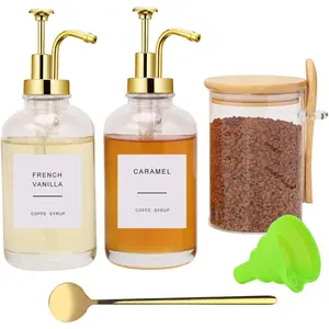 Coffee Bar Accessories 2 Pcs 16.9 oz Gold Pump Coffee Syrup Dispenser with Labels, Glass Jar with Bamboo Lid and Spoon for Coffee Bar