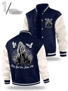 Men's Fall Winter Casual Baseball Collar Jacket, Trendy Letter Faith Graphic Design, Fitted Animal Print School Team Jacket, Casual Jacket Coat