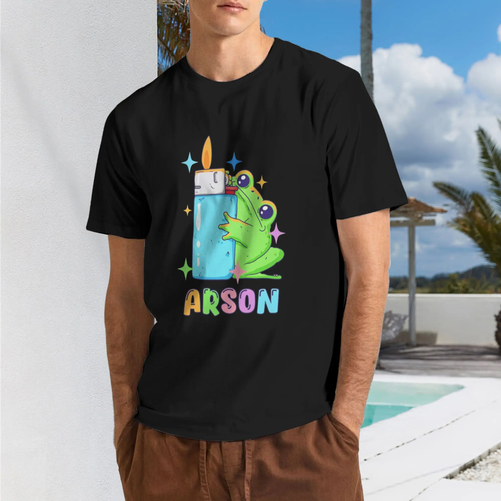 Men's Funny Graphic T-Shirt featuring an Arson Frog Flames Print, Casual Short Sleeve Soft Top for Costume or Everyday Wear, Shortsleeve, Menswear, Breathable, Pyro Comic Black Love, Round Neck