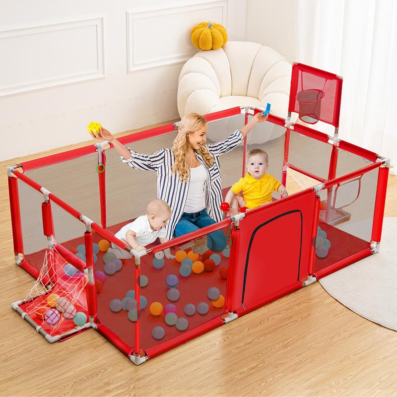 PAWGIANT Safe Play Space with Basketball Hoop! Baby Playpen 71.6x47.96x25.2 Inch, Play Pens for Babies and Toddlers Baby Fence Play Yards for Indoor & Outdoor with Breathable Mesh Anti-Fall Playpen, - Easy Storage Toddler Fence for Activity & Nap