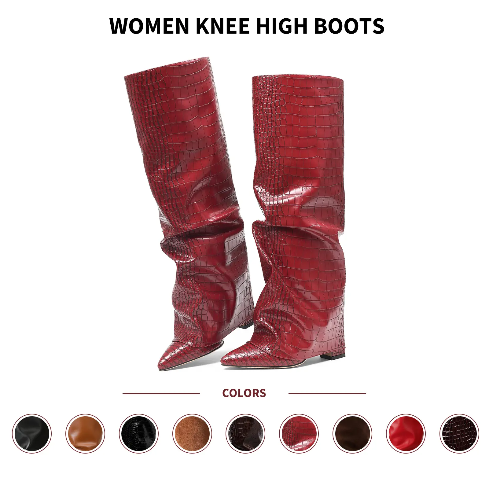 VIMISAOI Women Knee High Boots Slouchy Fold Over Pointed Toe Chunky Block Heel Pull On Side Zipper Croc Embossed Luxury Western Style Casual Office Date Club Back To School Brunch Vacation Holiday Festival Photoshoot Modern Fashion Booties Summerwins