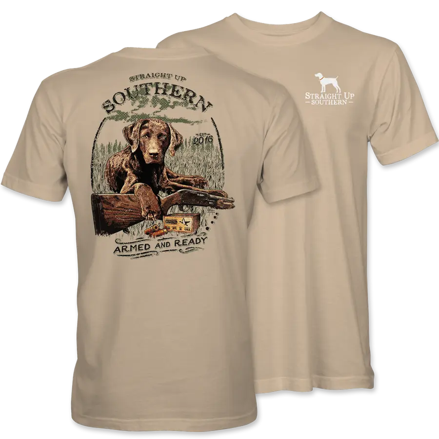 Men's "Ready to Hunt" Labrador Graphic T-shirt, Casual Fitted Short Sleeve Round Neck Cotton Tops for Outdoor Wear, Shortsleeve