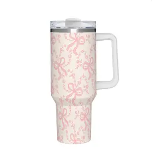 Coquette Bow 40oz Insulated Tumbler Drinkware - Handle, Straw, Pink Floral Ribbon, Leak-Resistant Flasks for Women, Office, Car & Hot/Cold Drinks Gift